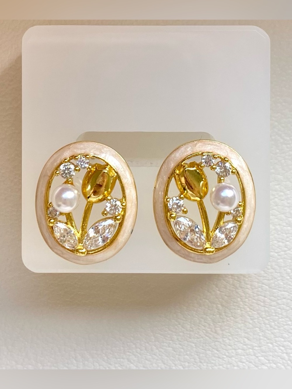 Gold Floral Pearl Oval Stud Earrings